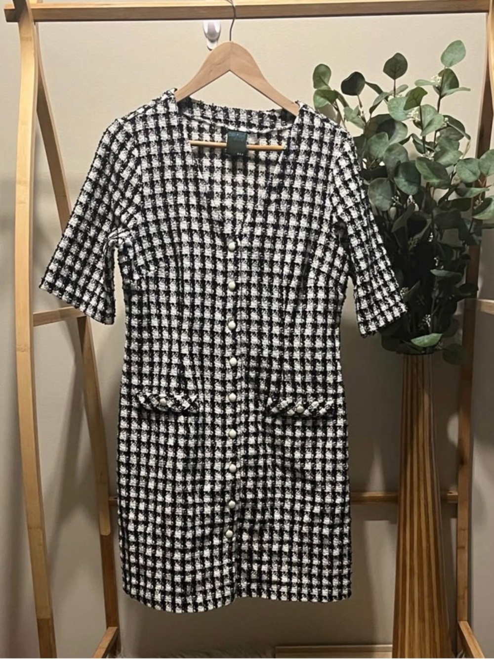 Gabby Skye Black and White Tweed Button-Front Dress